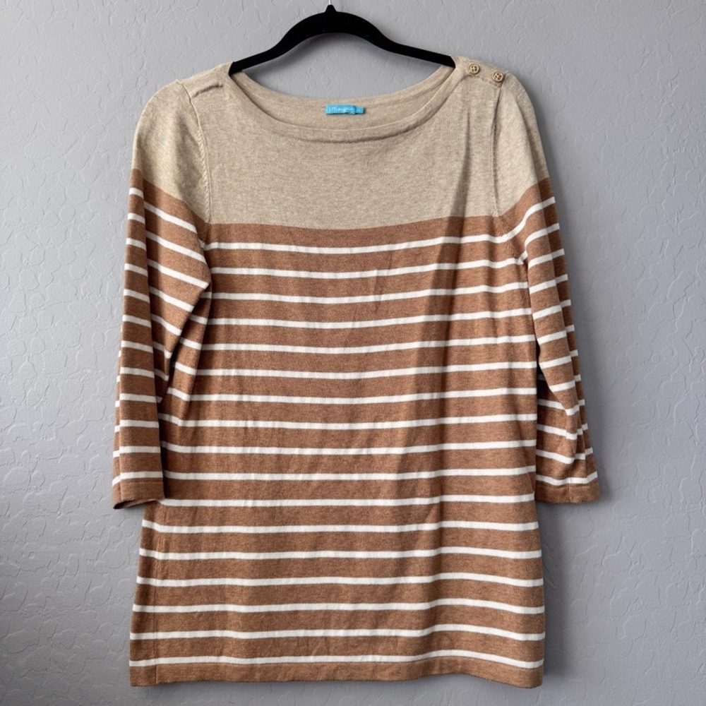 J.McLaughlin Large Knit Tan White Striped 3/4 Sleeve Button Shoulder Boat Neck